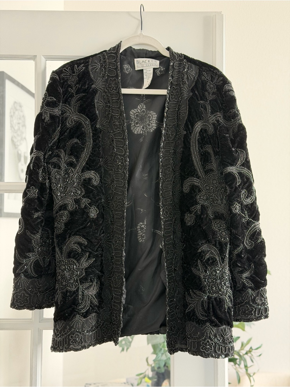 Oleg Cassini Black Embellished Velvet Open Jacket